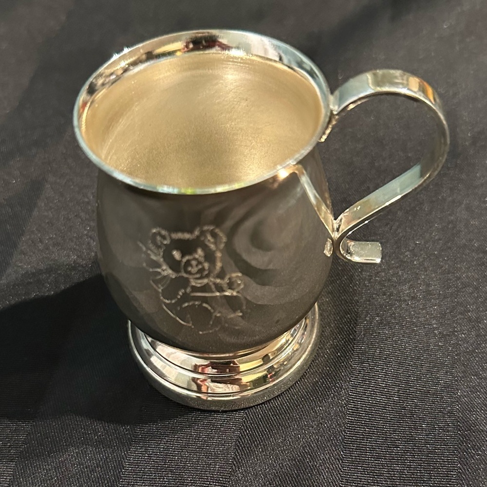 Grenadier Teddy Bear etched Baby Birth Cup silver Plated Brass vintage handle